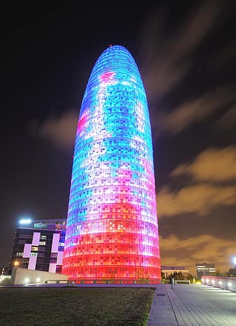 barcelona, night, torre agbar, places of interest, lights, illuminated, long exposure, tourism, vacations, night shots, office complex