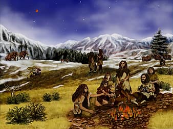 neanderthals, prehistoric, mountains, animals, landscape, people, primitive, nature, outside, snow, painting