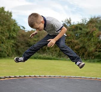 trampoline, boy, little, child, kid, fun, jump, play, concentration, outdoors